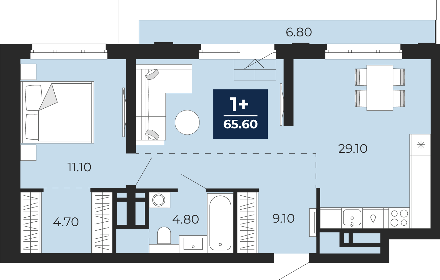 Квартира № 347, 1-комнатная, 65.6 кв. м, 17 этаж