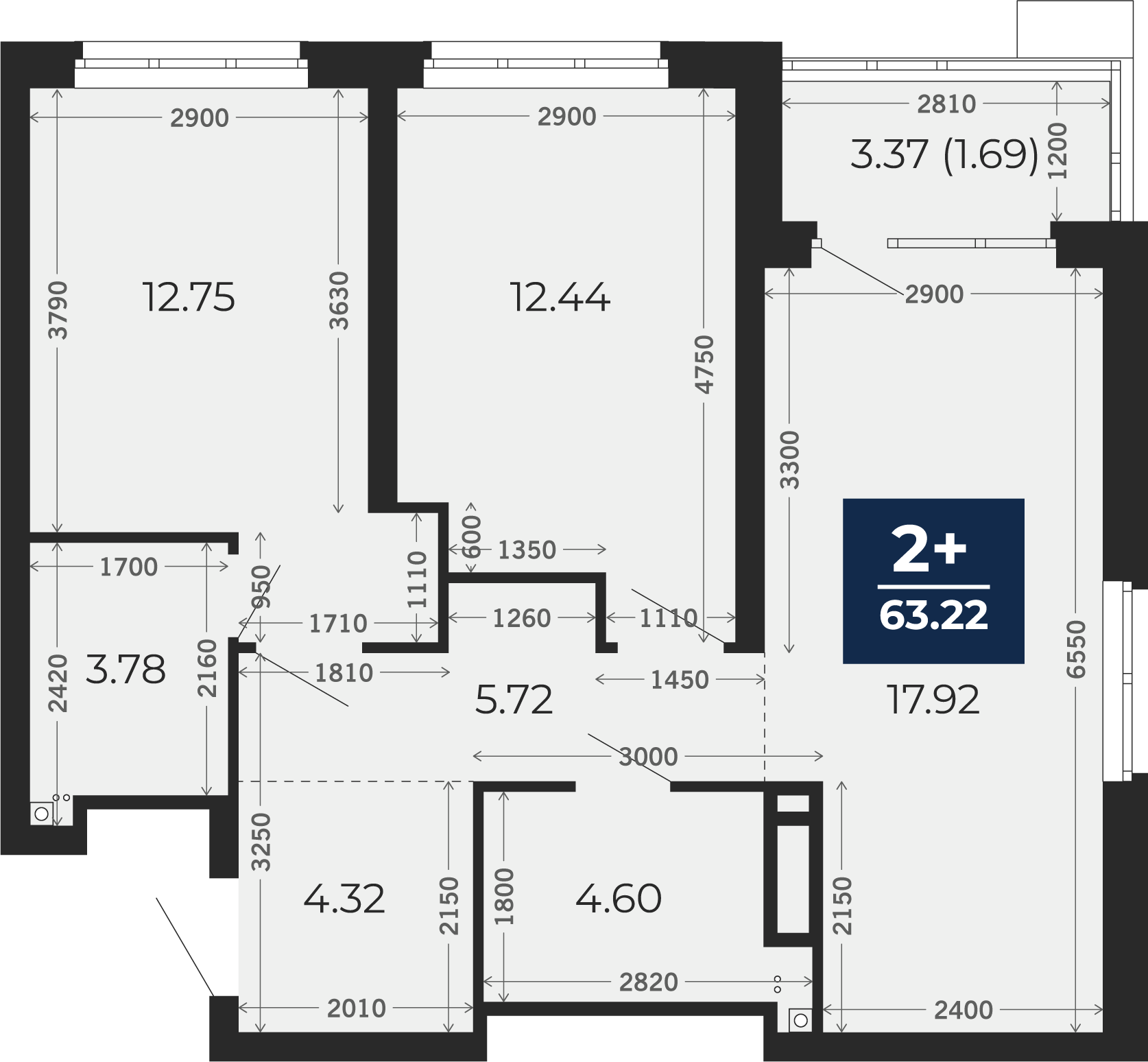 Квартира № 230, 2-комнатная, 63.22 кв. м, 19 этаж