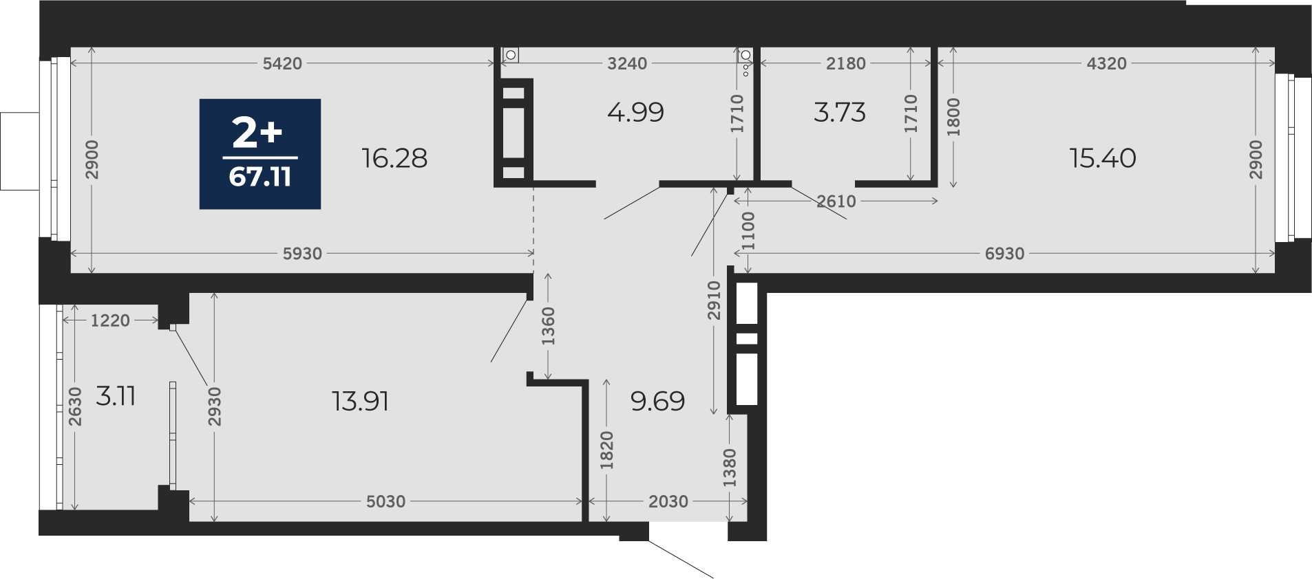 Квартира № 318, 2-комнатная, 67.11 кв. м, 2 этаж