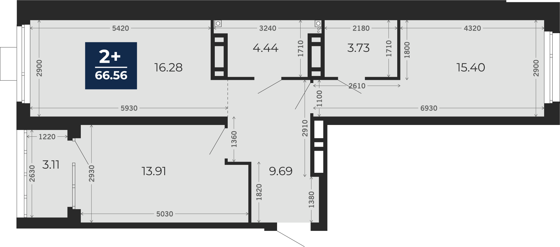 Квартира № 336, 2-комнатная, 66.56 кв. м, 5 этаж