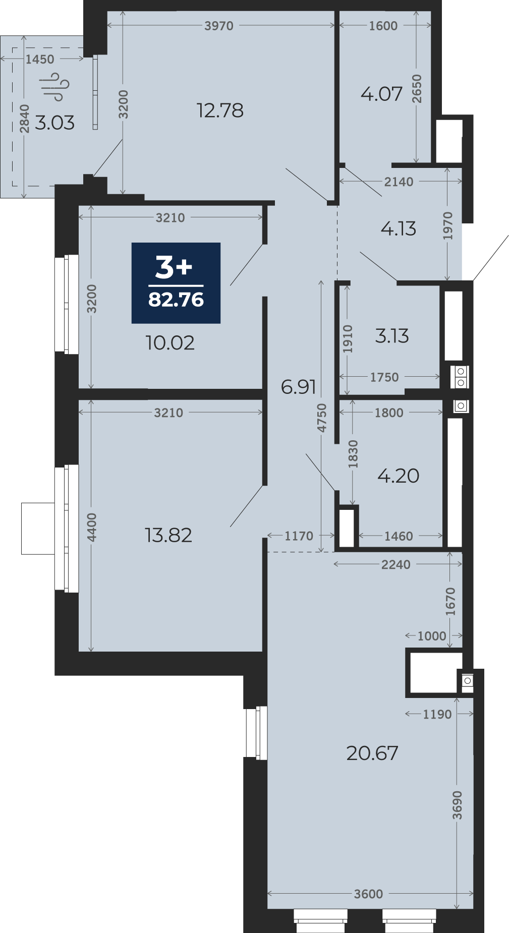 Квартира № 200, 3-комнатная, 82.76 кв. м, 15 этаж