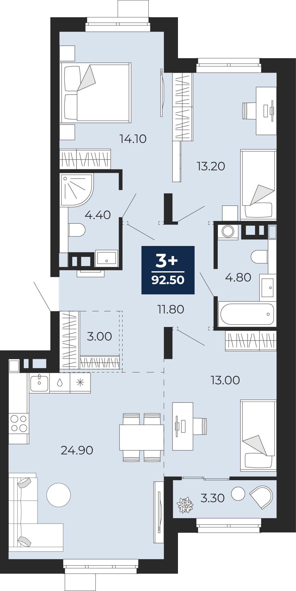 Квартира № 466, 3-комнатная, 92.5 кв. м, 9 этаж