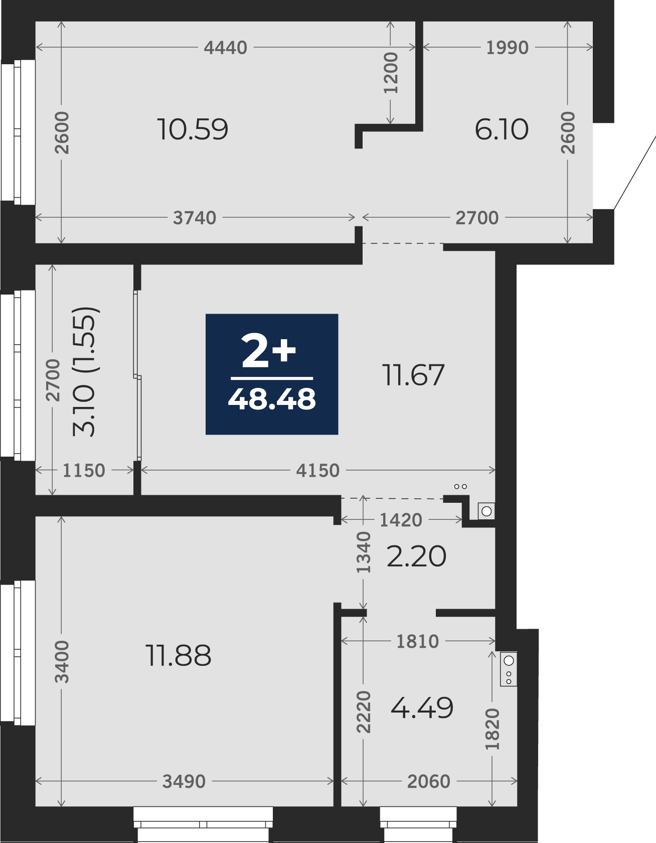 Квартира № 46, 2-комнатная, 48.48 кв. м, 3 этаж