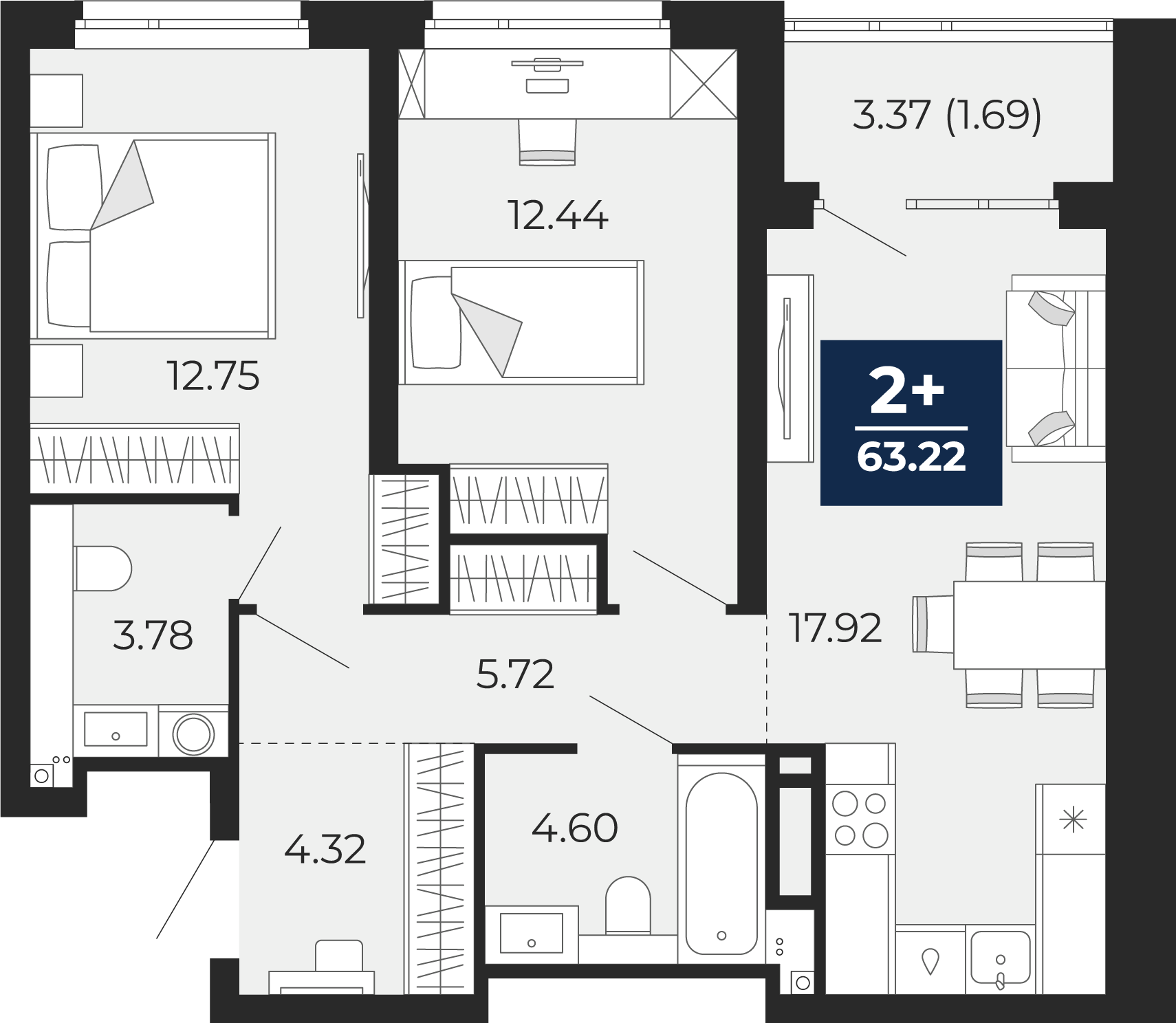 Квартира № 37, 2-комнатная, 63.22 кв. м, 6 этаж