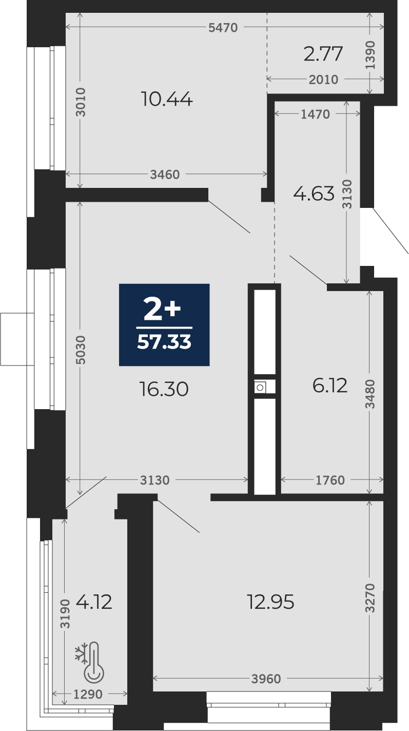 Квартира № 6, 2-комнатная, 57.33 кв. м, 2 этаж