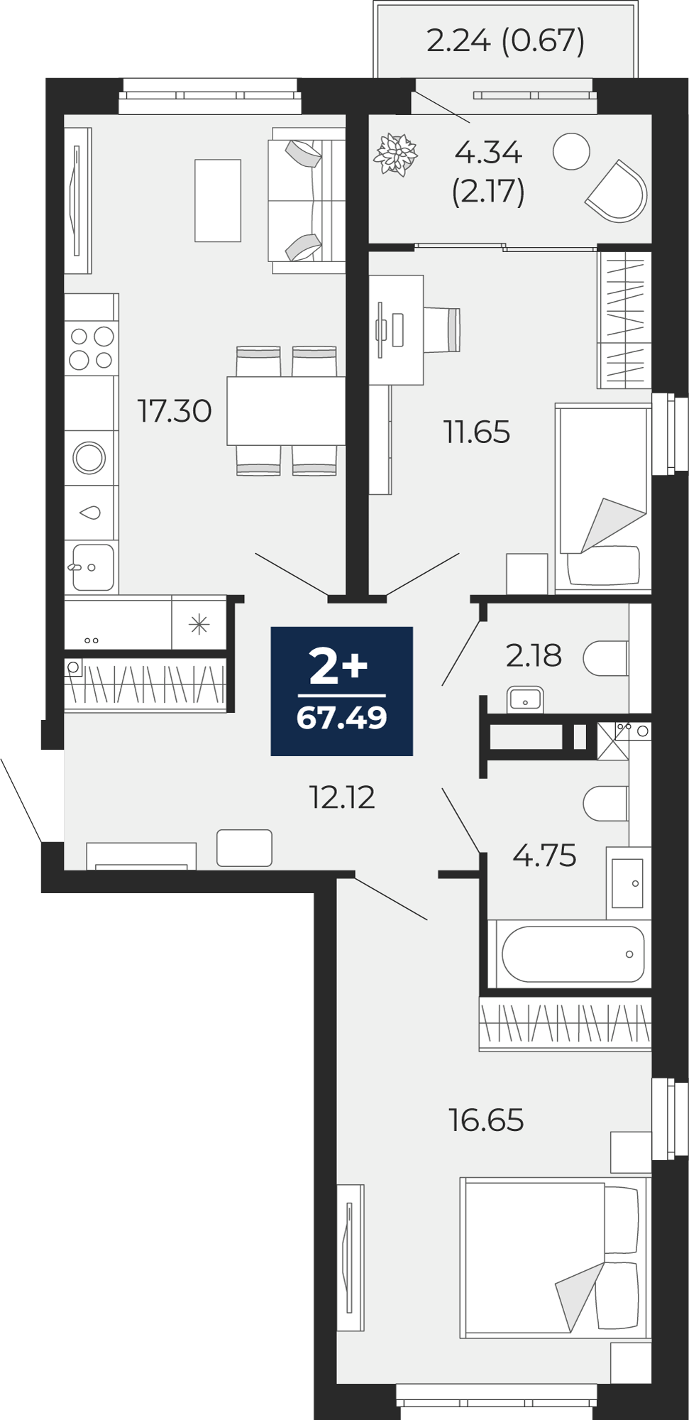 Квартира № 436, 2-комнатная, 67.49 кв. м, 21 этаж