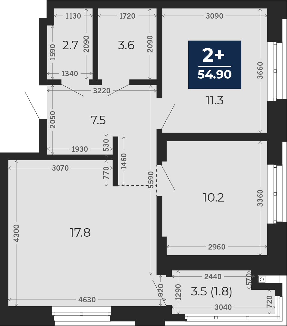 Квартира № 198, 2-комнатная, 54.9 кв. м, 1 этаж