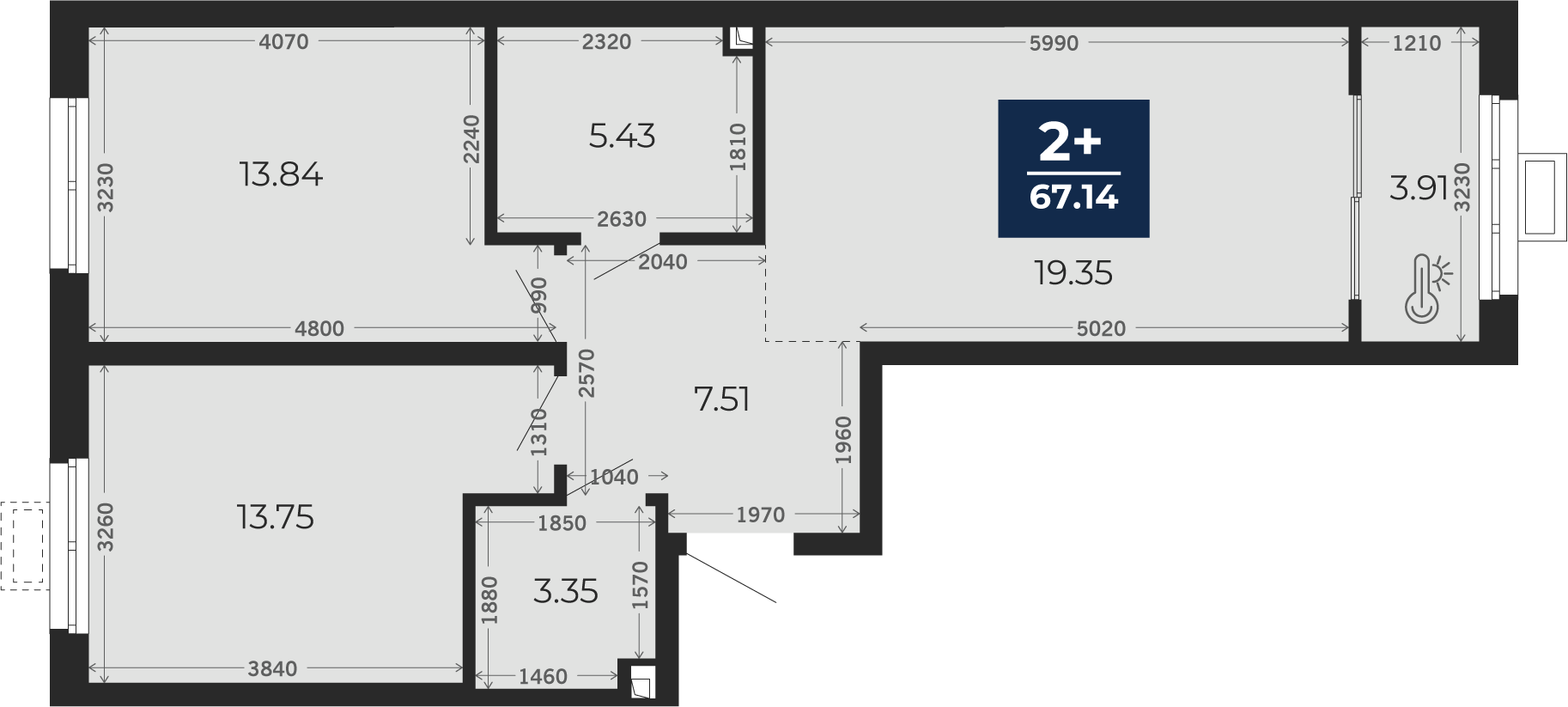 Квартира № 7, 2-комнатная, 67.14 кв. м, 2 этаж