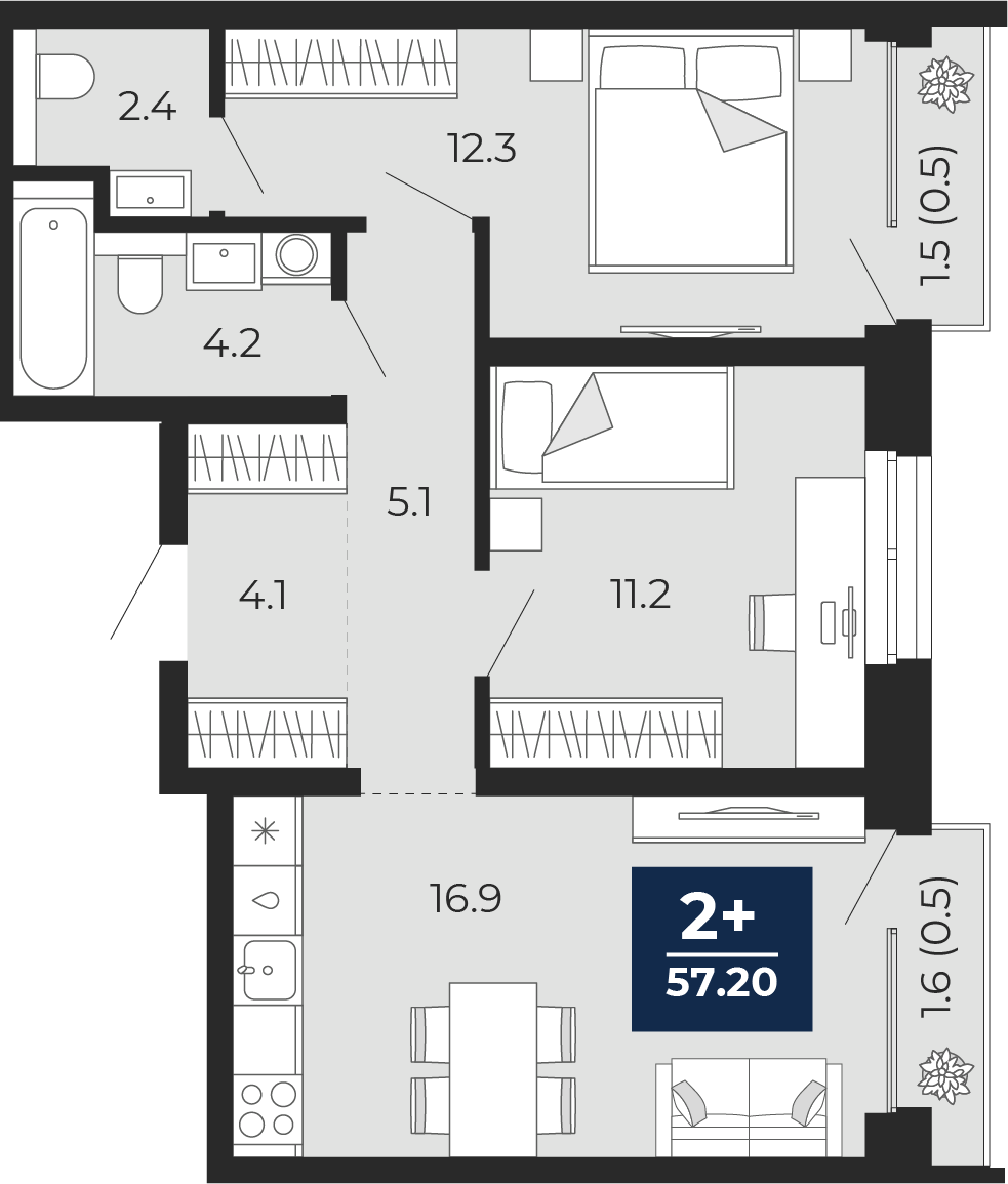 Квартира № 33, 2-комнатная, 57.2 кв. м, 7 этаж, проект «Мириады», корпус ГП-72.104 по цене 6 960 000 ₽ от застройщика «ЭНКО»