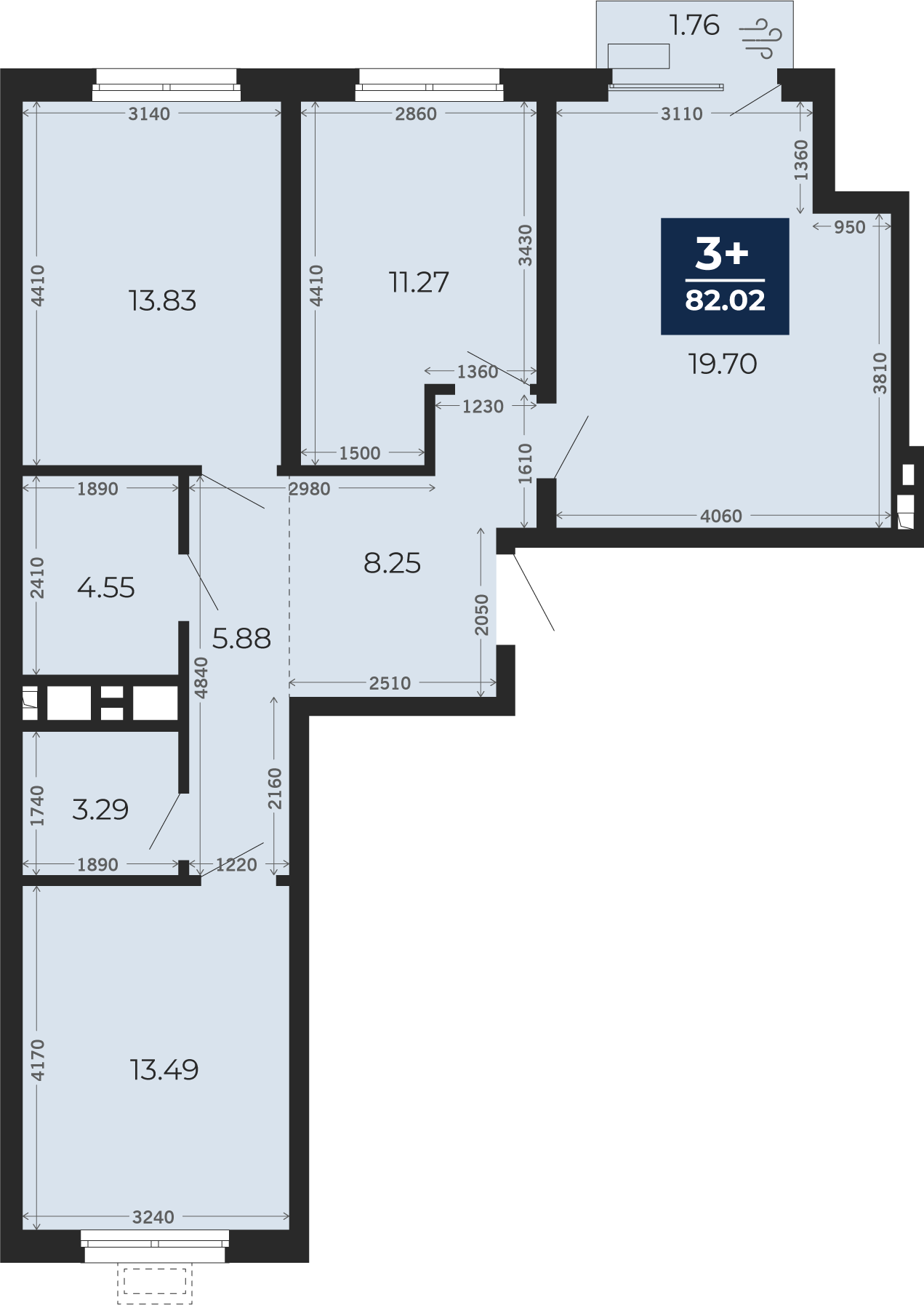 Квартира № 460, 3-комнатная, 82.02 кв. м, 5 этаж