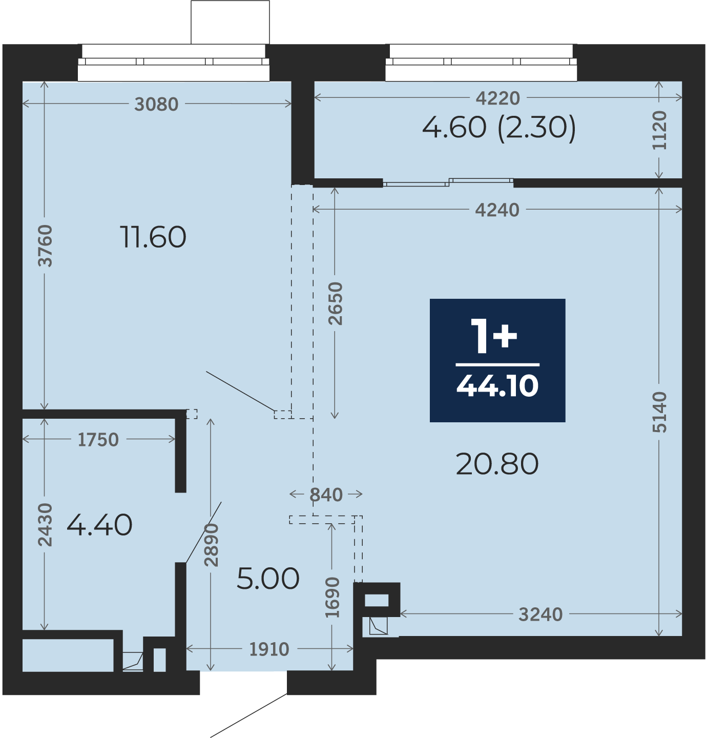 Квартира № 1, 1-комнатная, 44.1 кв. м, 2 этаж