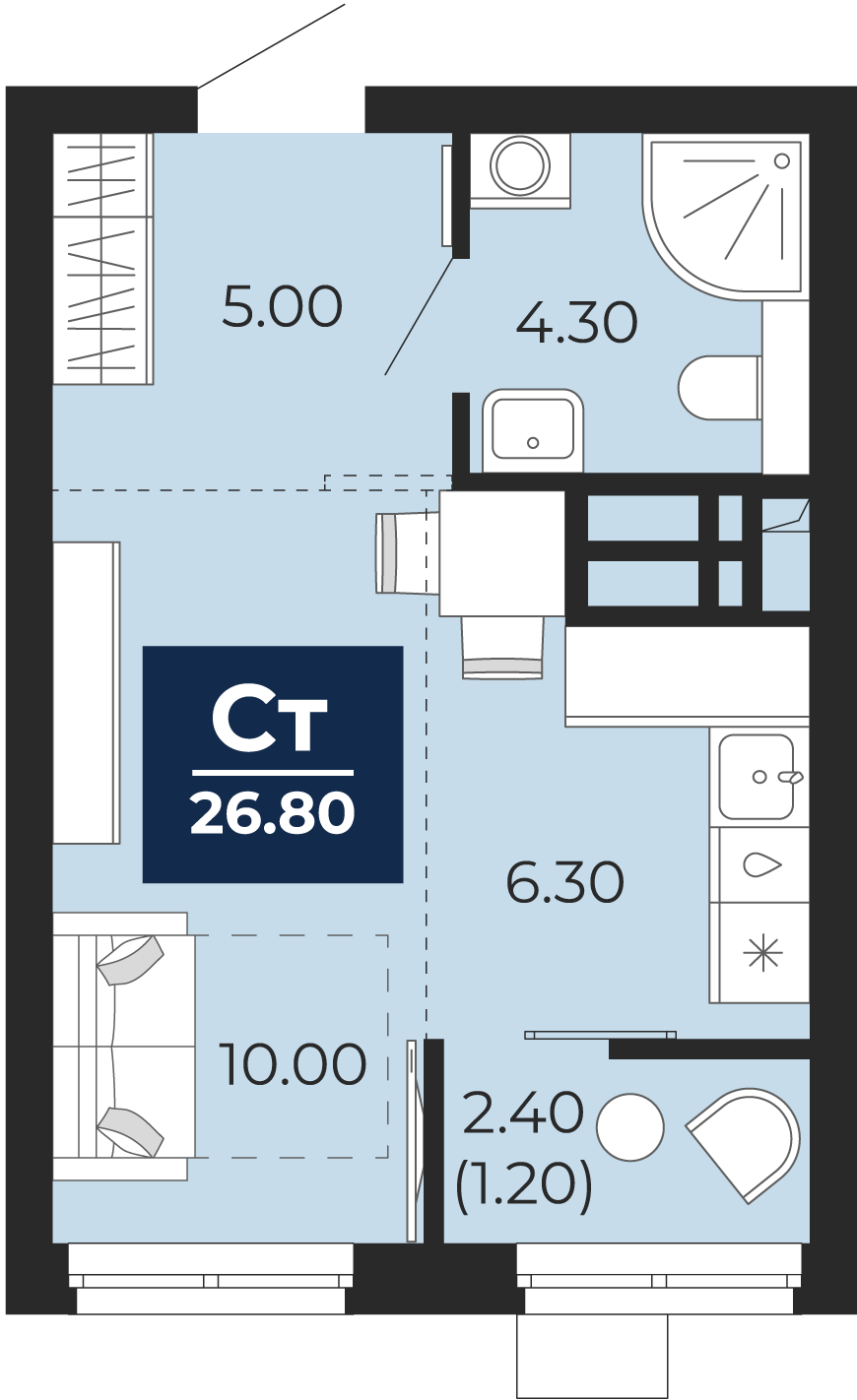 Квартира № 93, Студия, 26.8 кв. м, 15 этаж