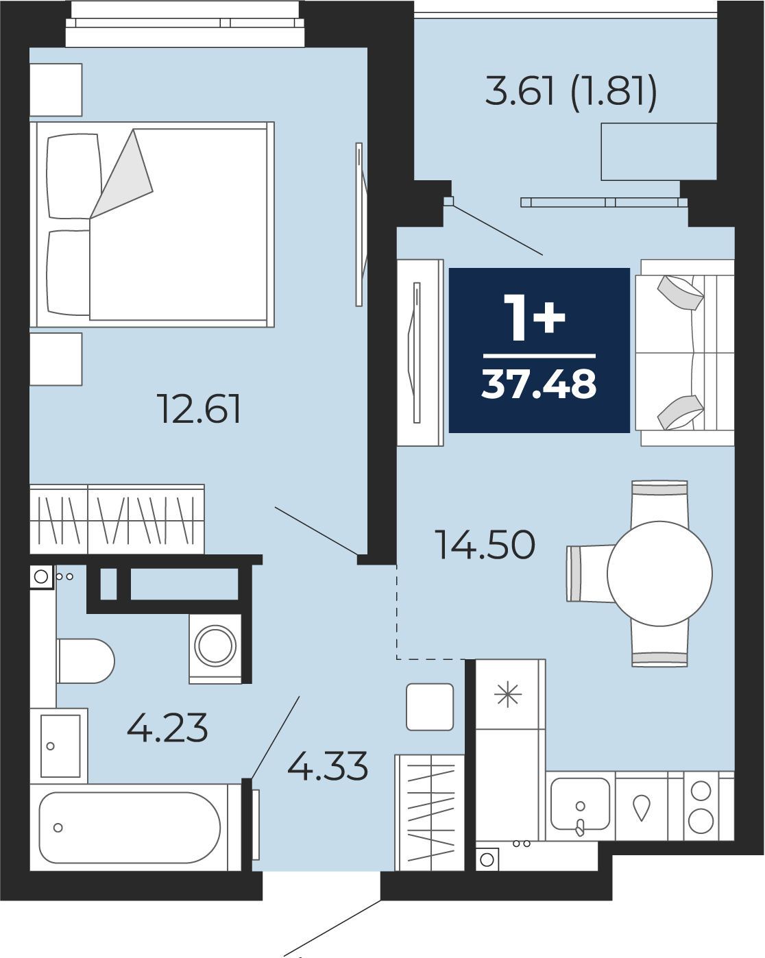 Планировка: Евродвушка 39.3 м² в ЖК Прео, Тюменская слобода