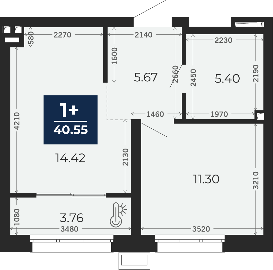 Квартира № 877, 1-комнатная, 40.55 кв. м, 1 этаж