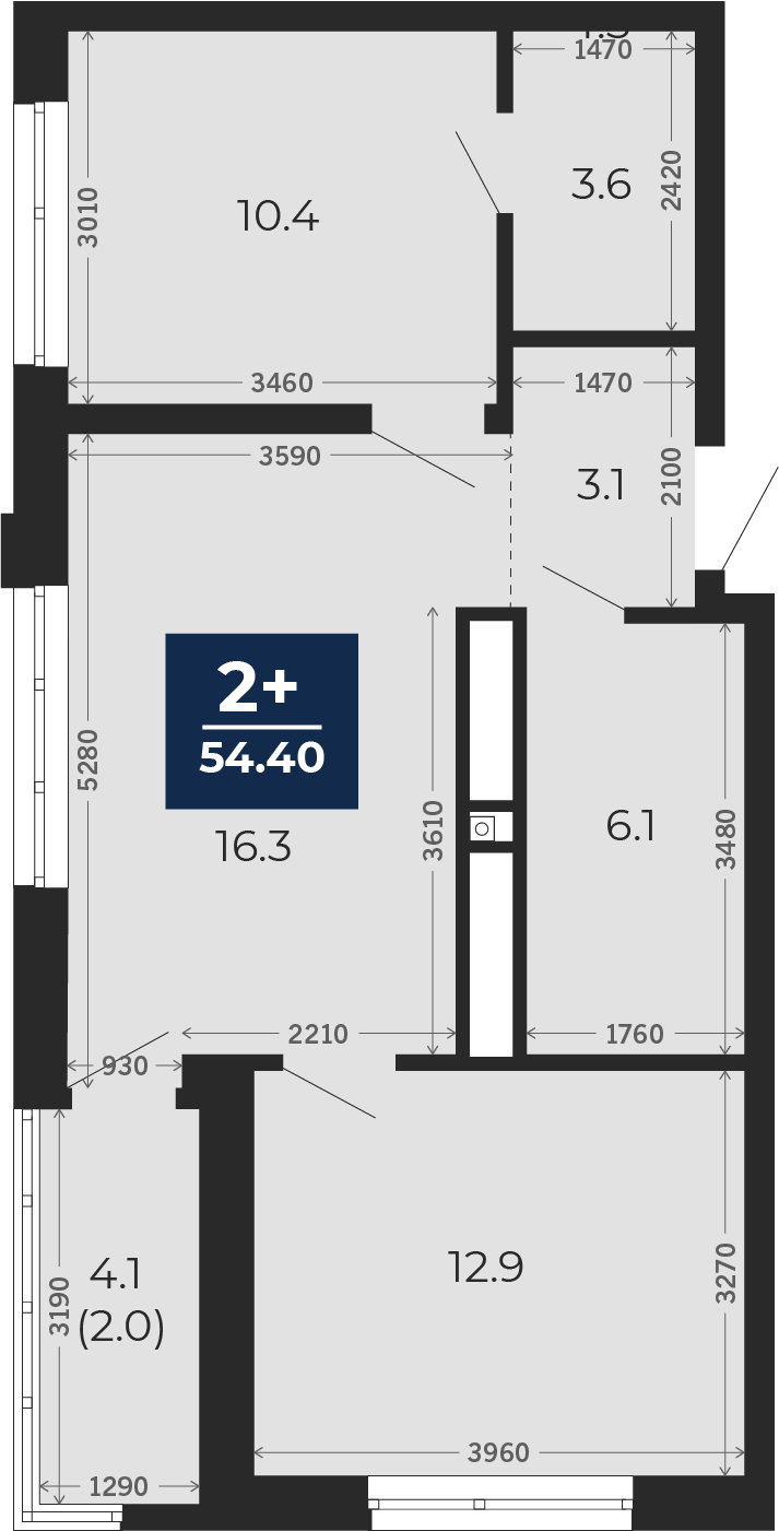 Квартира № 134, 2-комнатная, 54.4 кв. м, 18 этаж