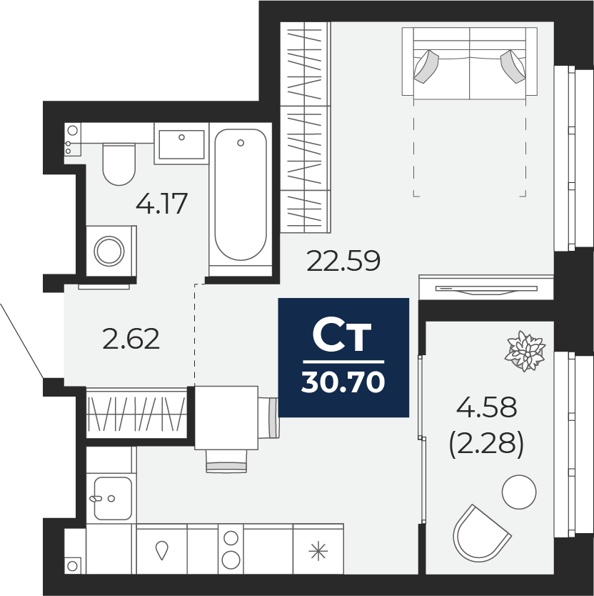 Квартира № 481, Студия, 30.7 кв. м, 10 этаж