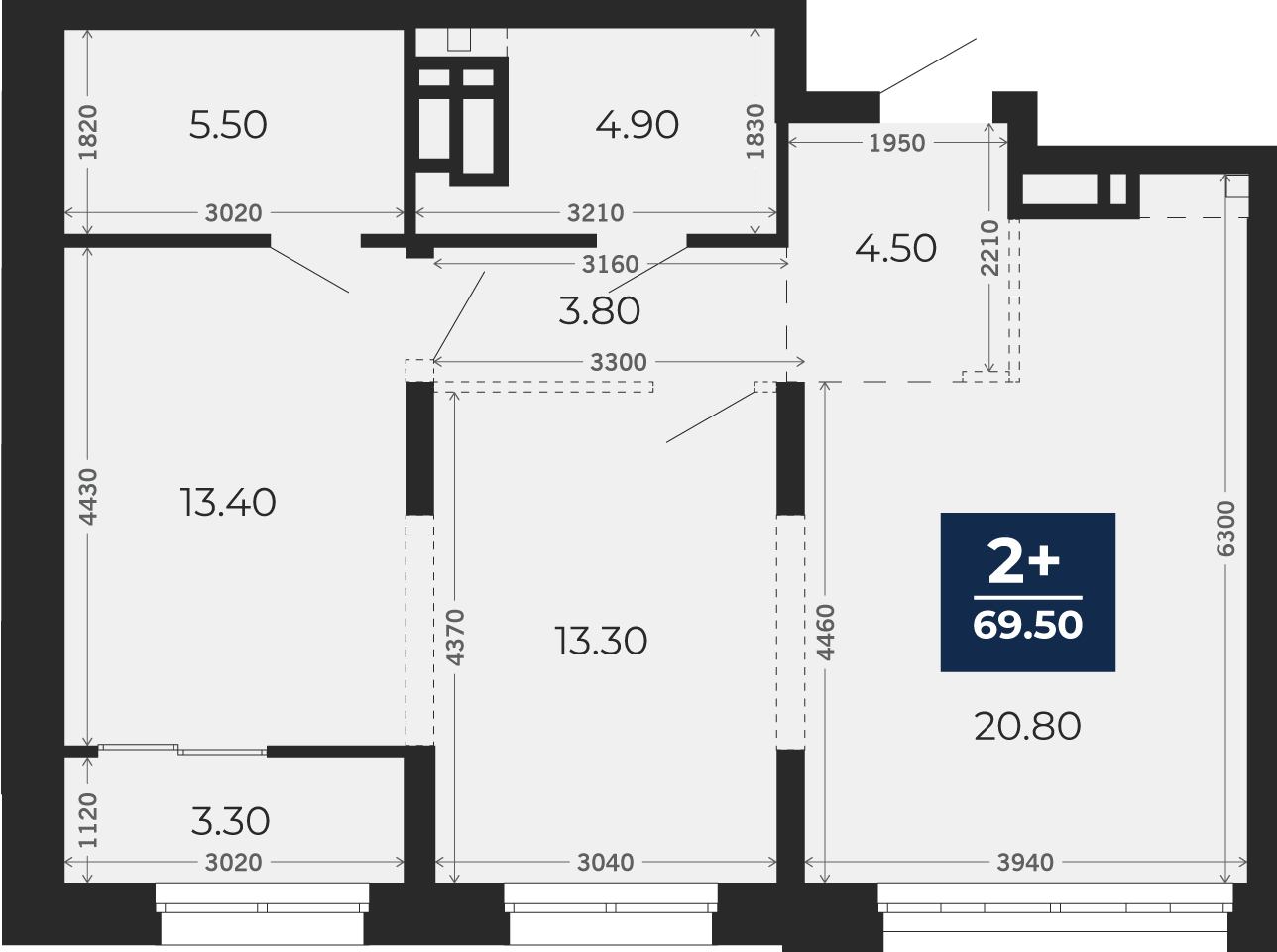 Квартира № 365, 2-комнатная, 69.5 кв. м, 3 этаж