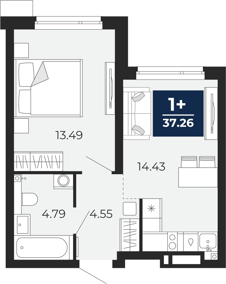 Квартира № 115, 1-комнатная, 37.26 кв. м, 1 этаж