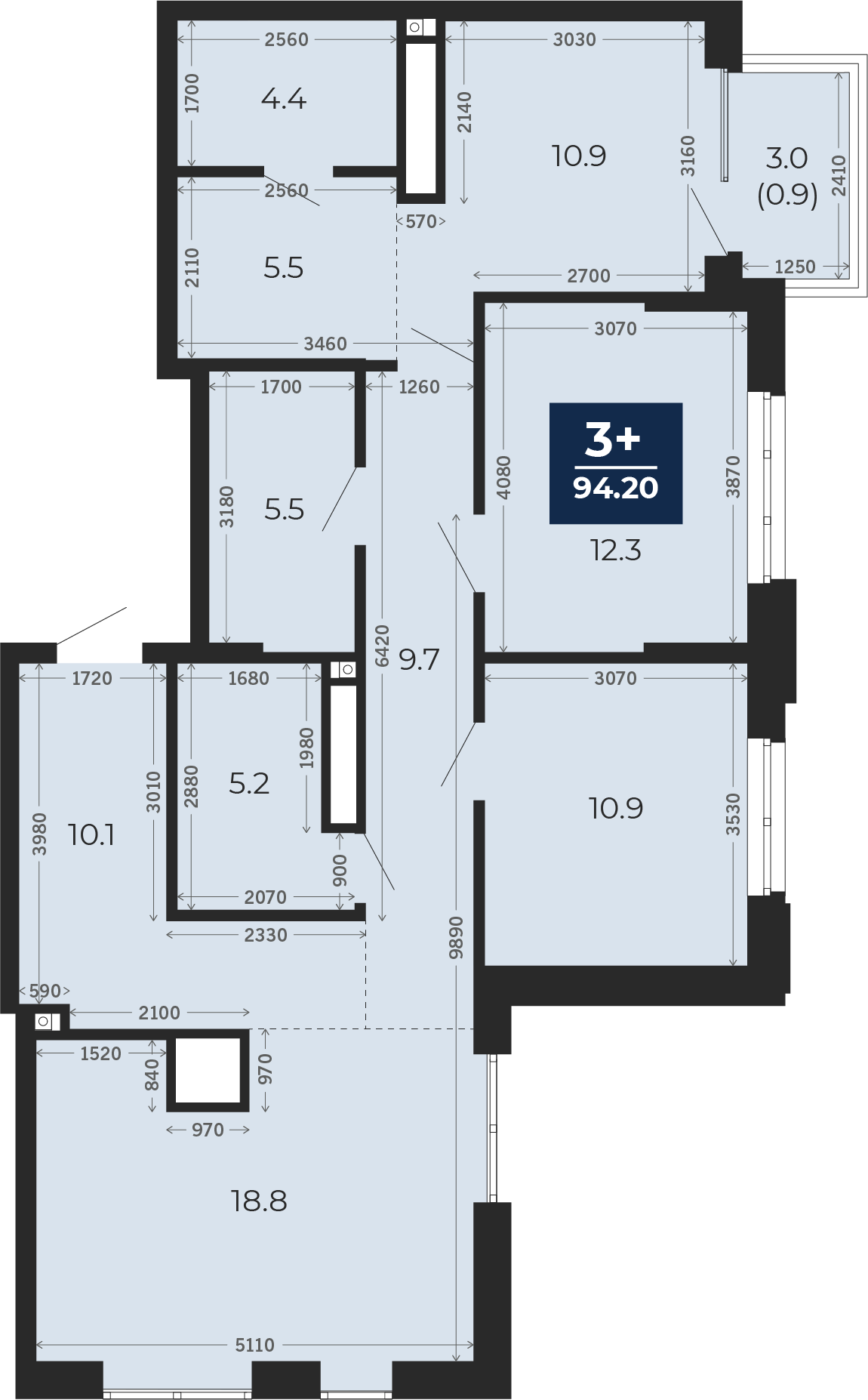 Квартира № 205, 3-комнатная, 94.2 кв. м, 12 этаж