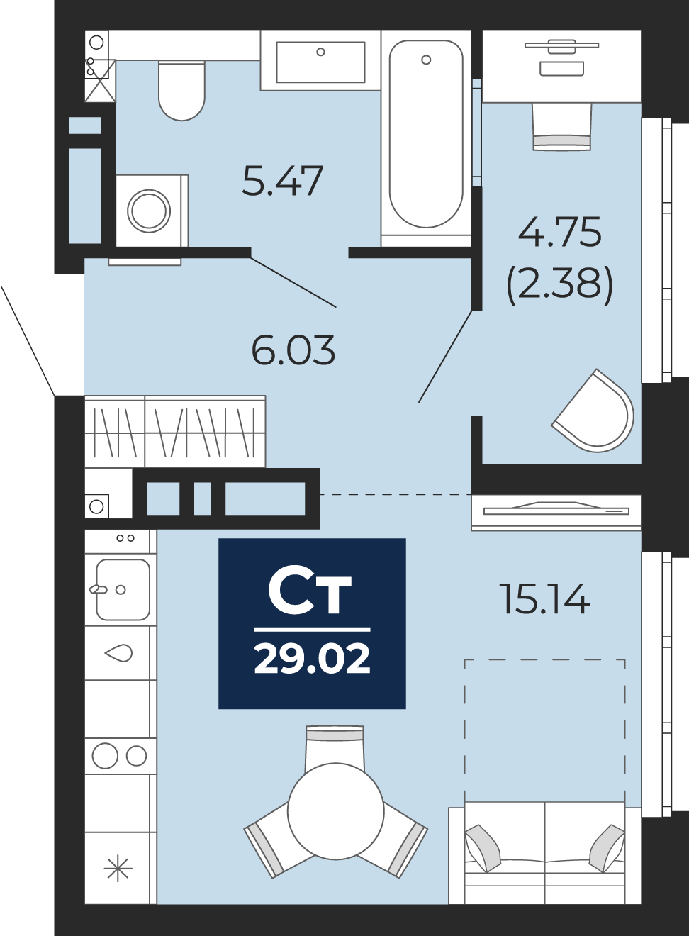Квартира № 403, Студия, 29.02 кв. м, 16 этаж