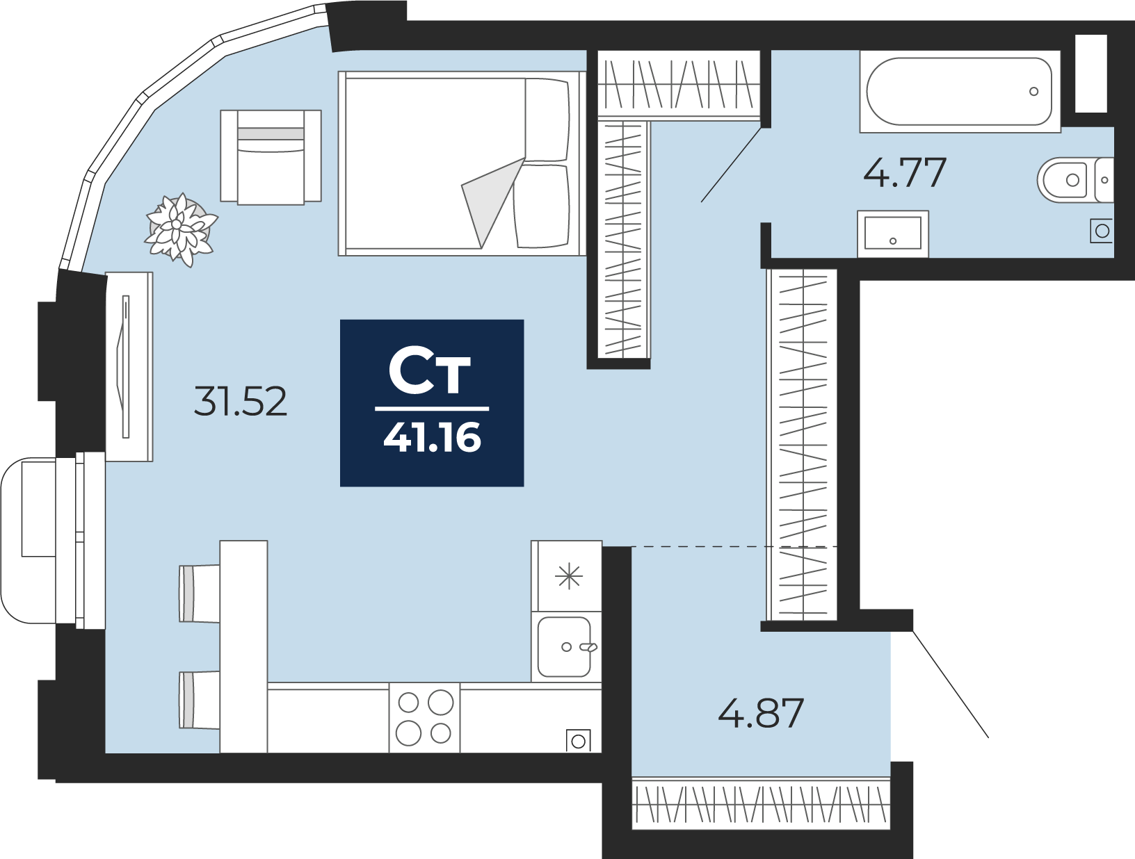 Квартира № 292, Студия, 41.16 кв. м, 2 этаж