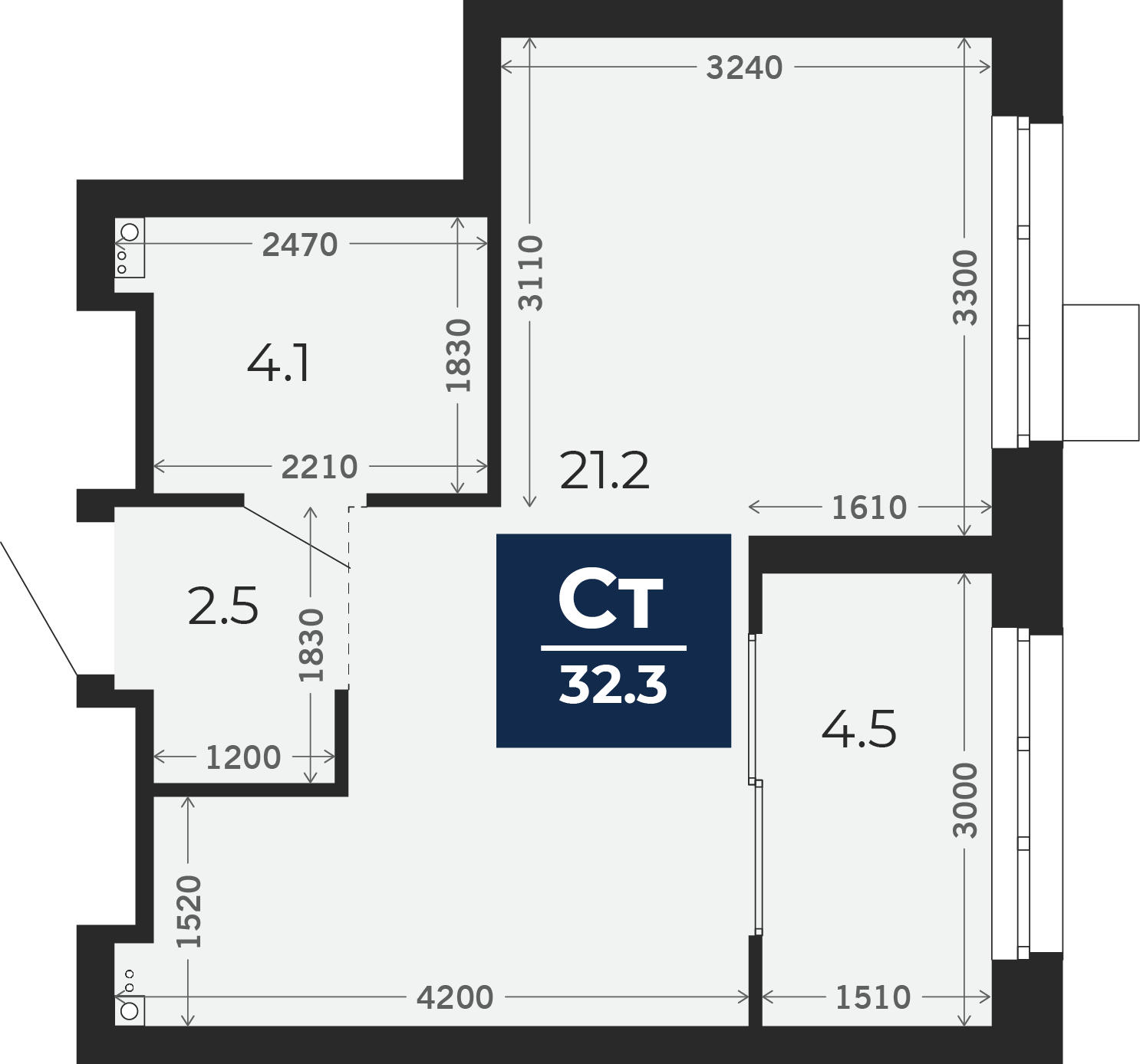 Квартира № 547, Студия, 32.98 кв. м, 21 этаж