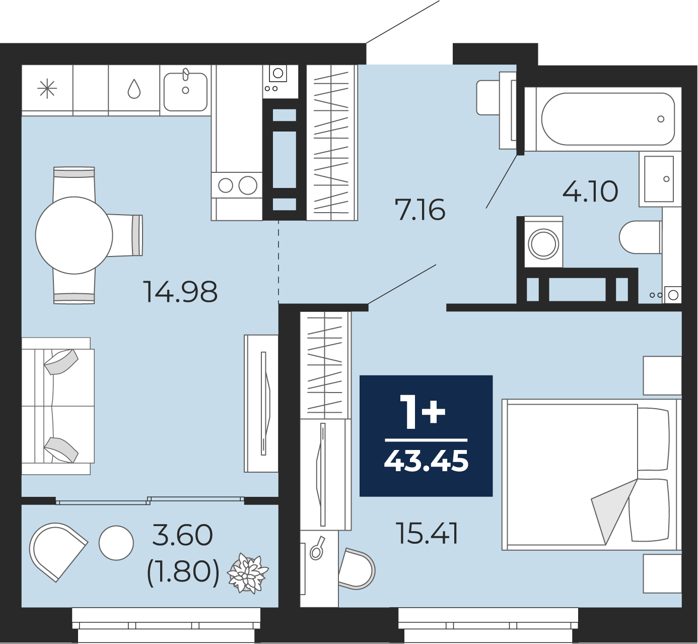 Квартира № 99, 1-комнатная, 43.45 кв. м, 14 этаж