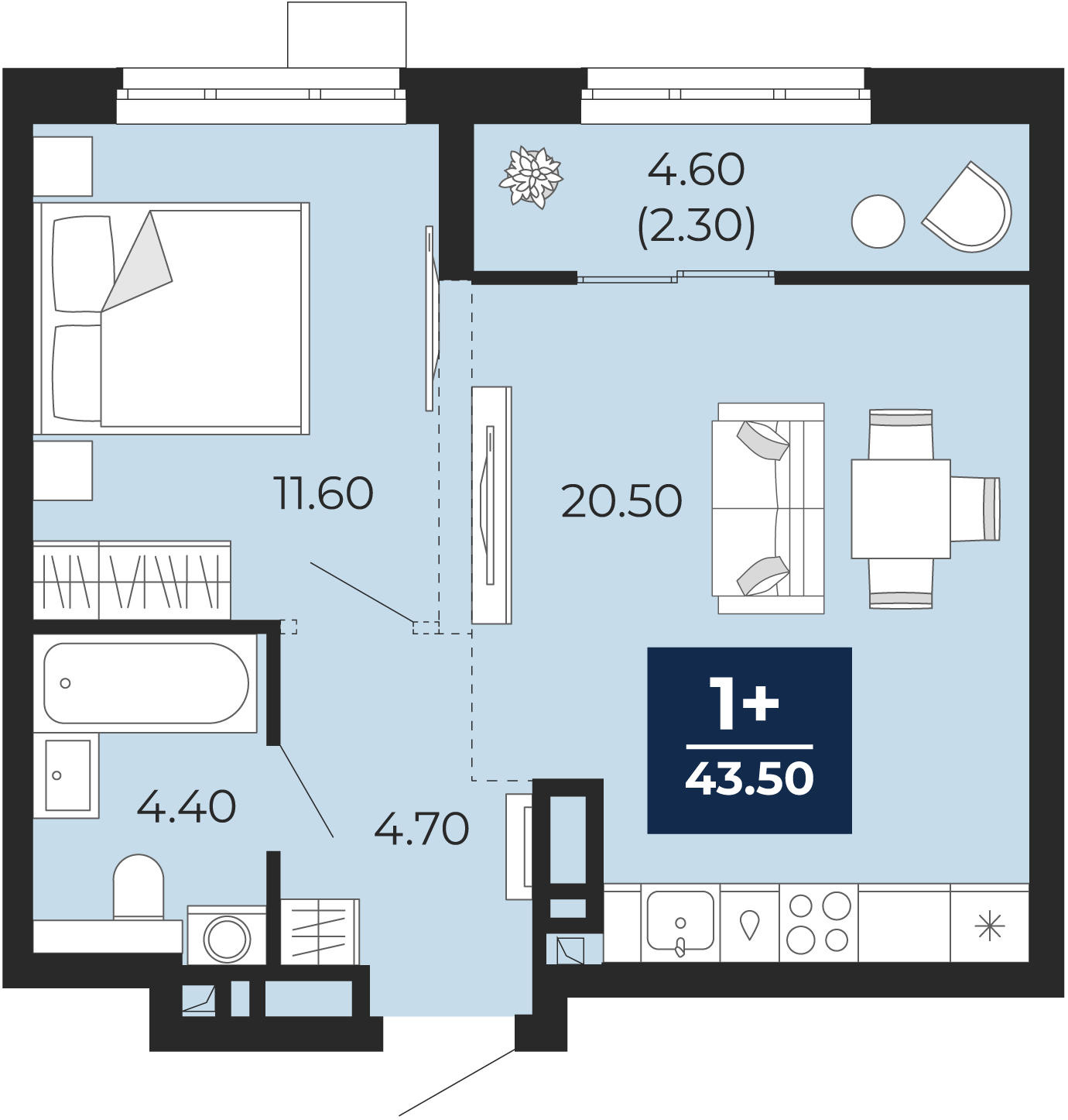 Квартира № 78, 1-комнатная, 45.8 кв. м, 13 этаж