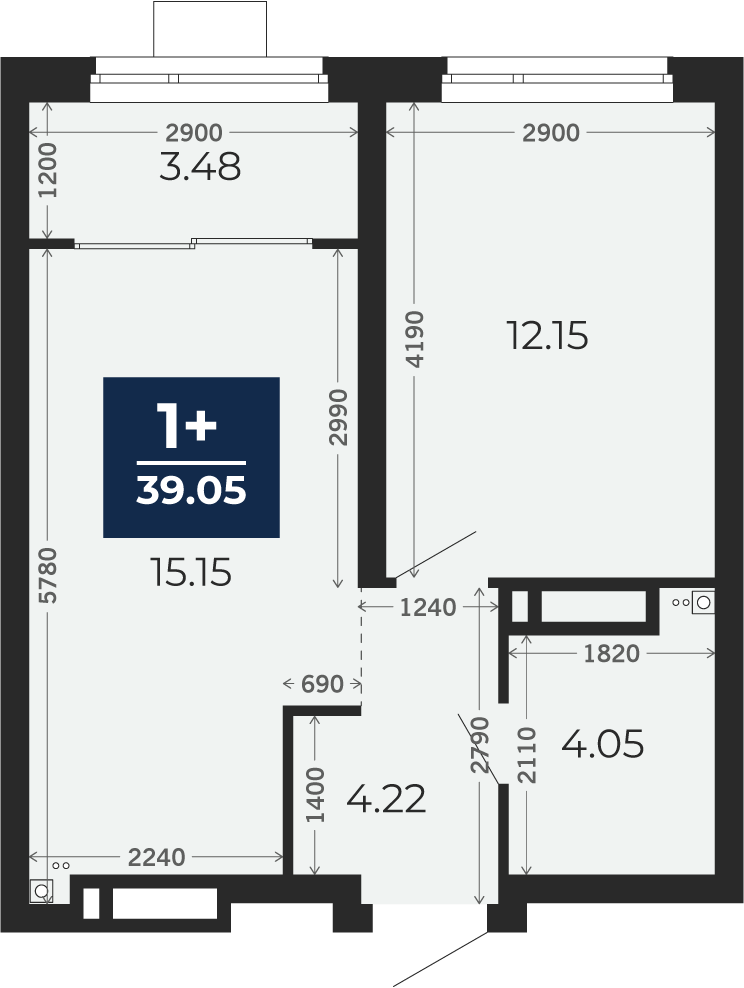 Квартира № 243, 1-комнатная, 39.05 кв. м, 14 этаж