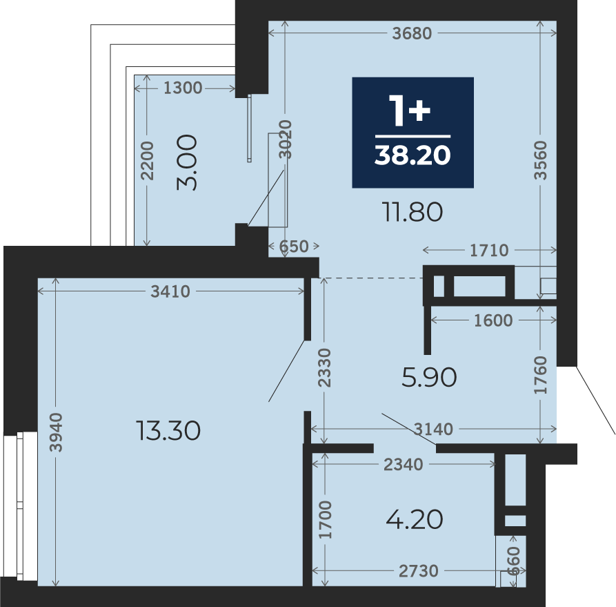 Квартира № 132, 1-комнатная, 38.2 кв. м, 18 этаж