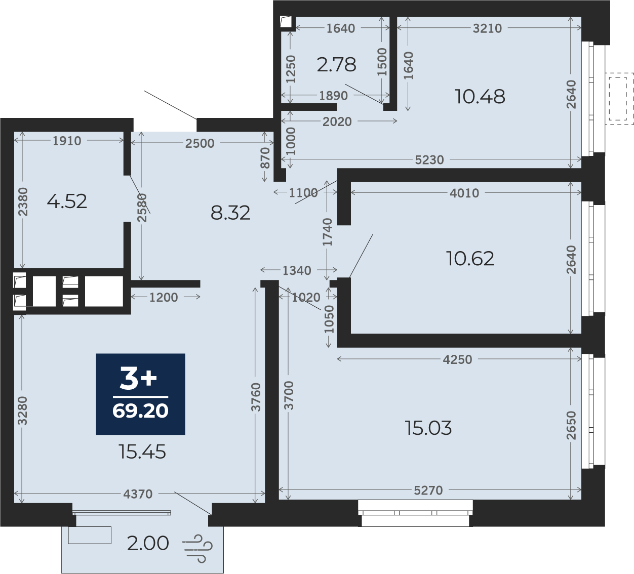 Квартира № 646, 3-комнатная, 69.2 кв. м, 9 этаж