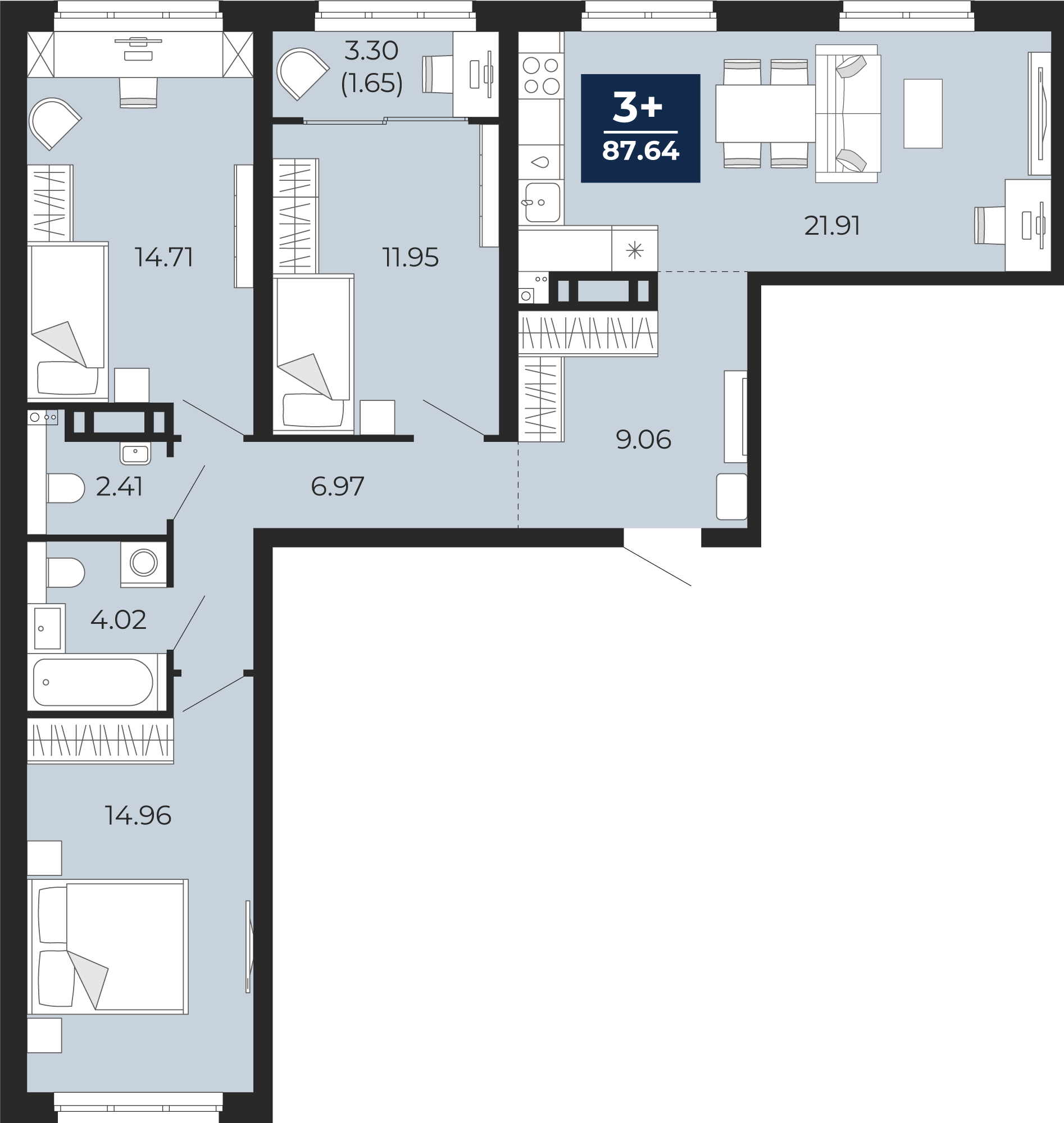 Квартира № 35, 3-комнатная, 87.64 кв. м, 8 этаж