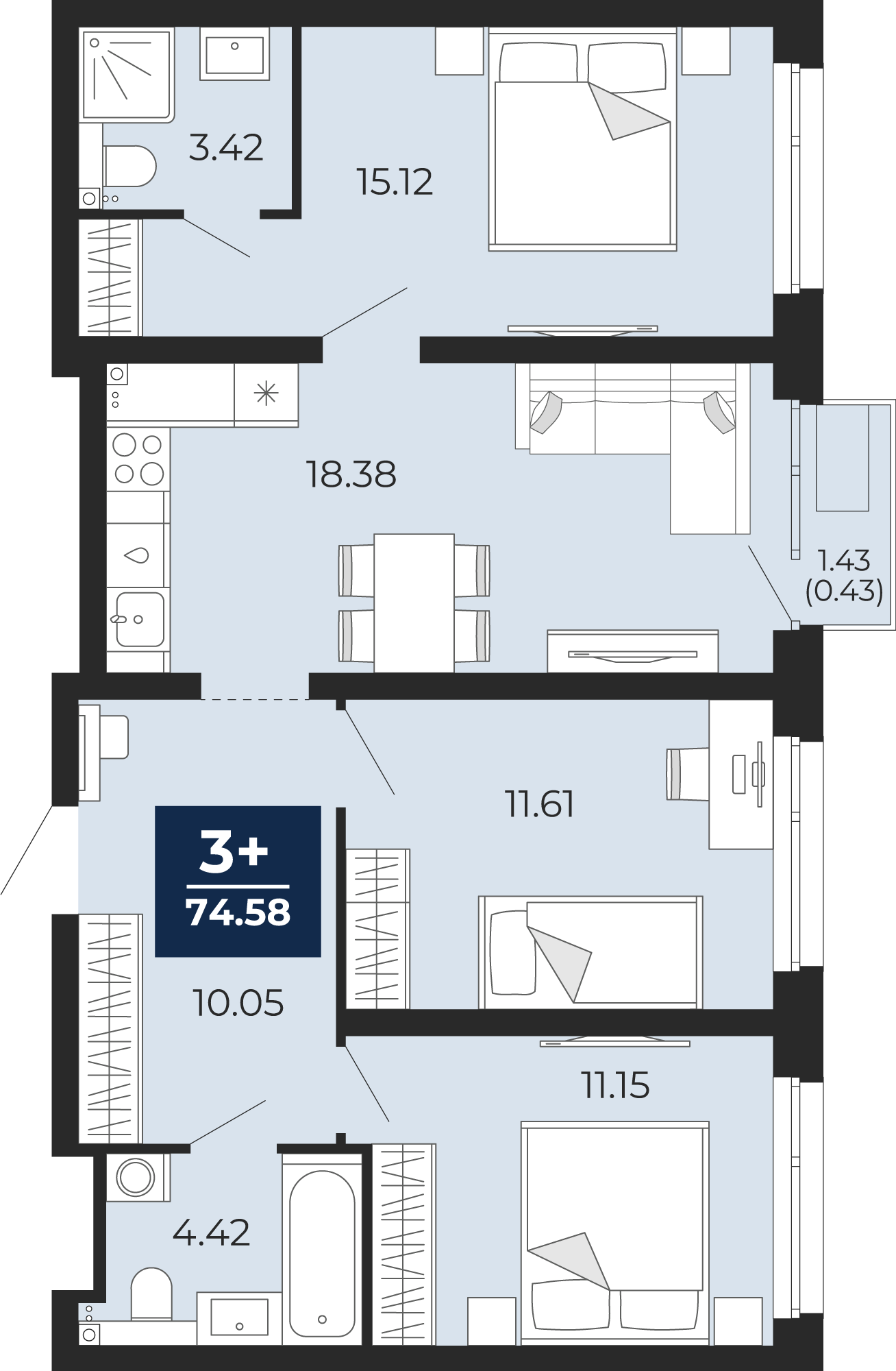 Квартира № 377, 3-комнатная, 74.58 кв. м, 10 этаж