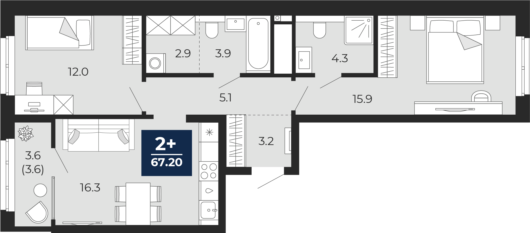 Квартира № 209, 2-комнатная, 67.2 кв. м, 13 этаж