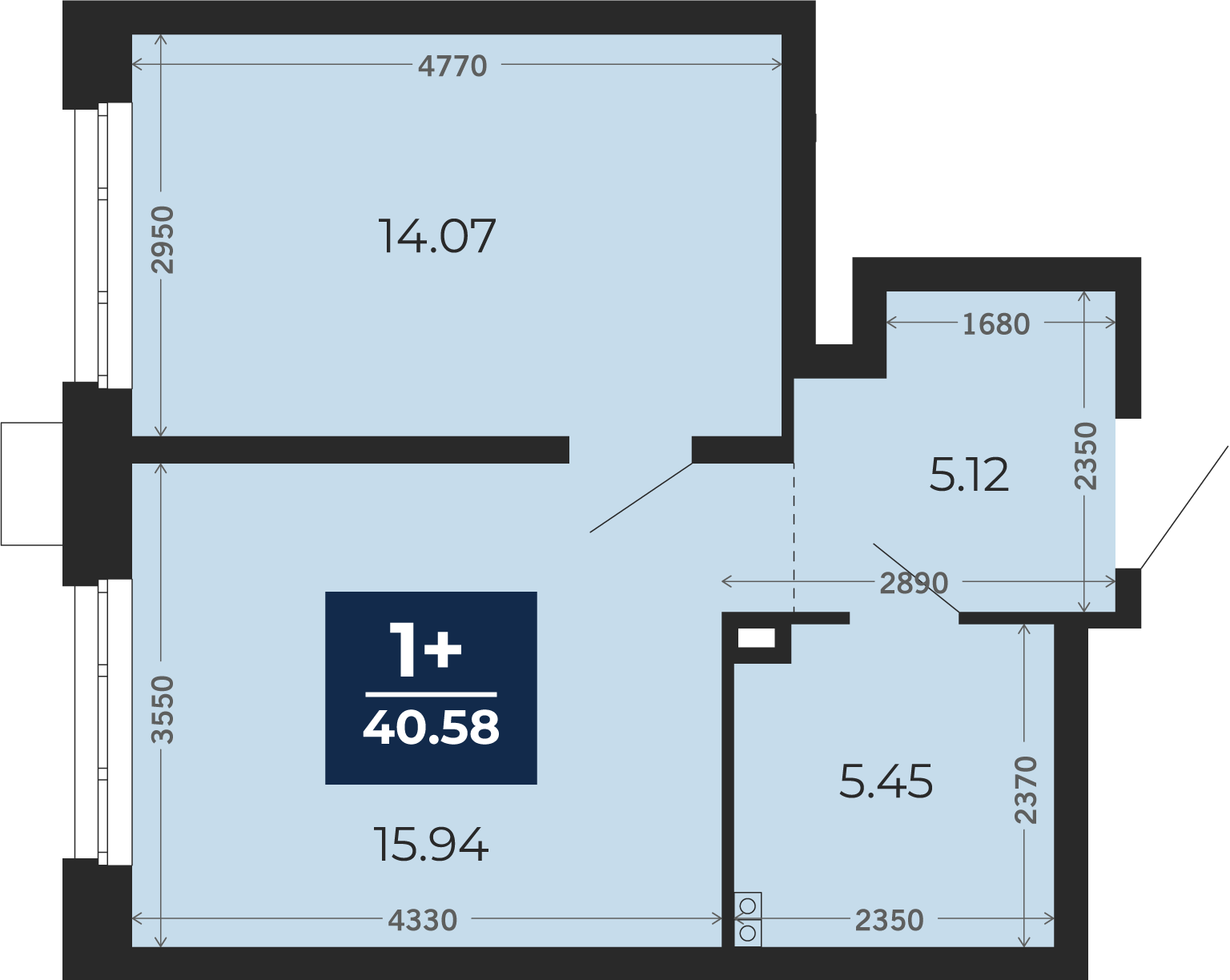 Квартира № 90, 1-комнатная, 40.58 кв. м, 2 этаж