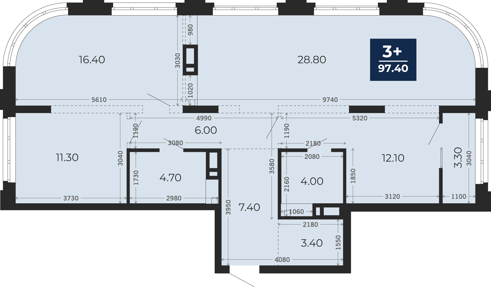 Квартира № 402, 3-комнатная, 97.4 кв. м, 3 этаж