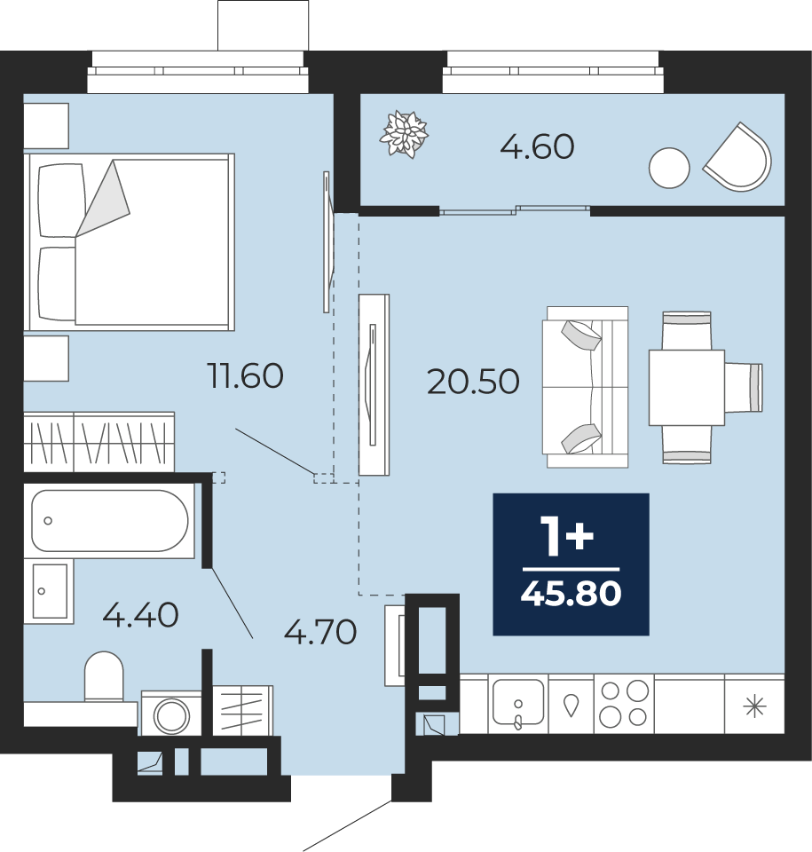 Квартира № 78, 1-комнатная, 45.8 кв. м, 13 этаж