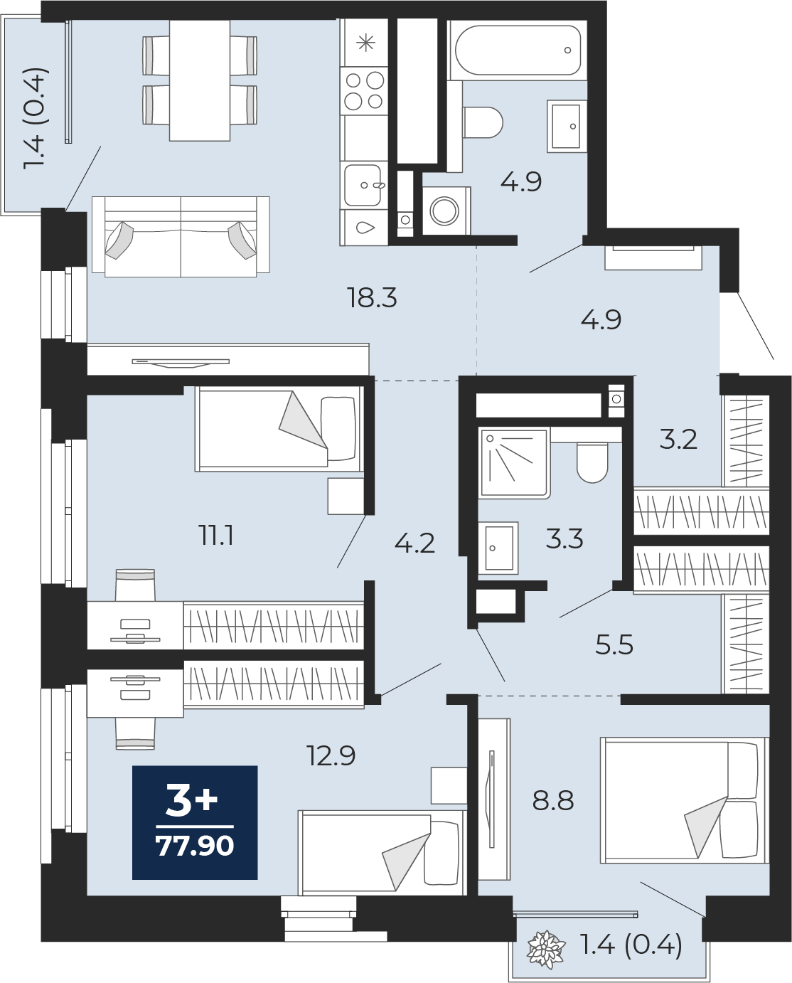 Квартира № 12, 3-комнатная, 77.9 кв. м, 4 этаж