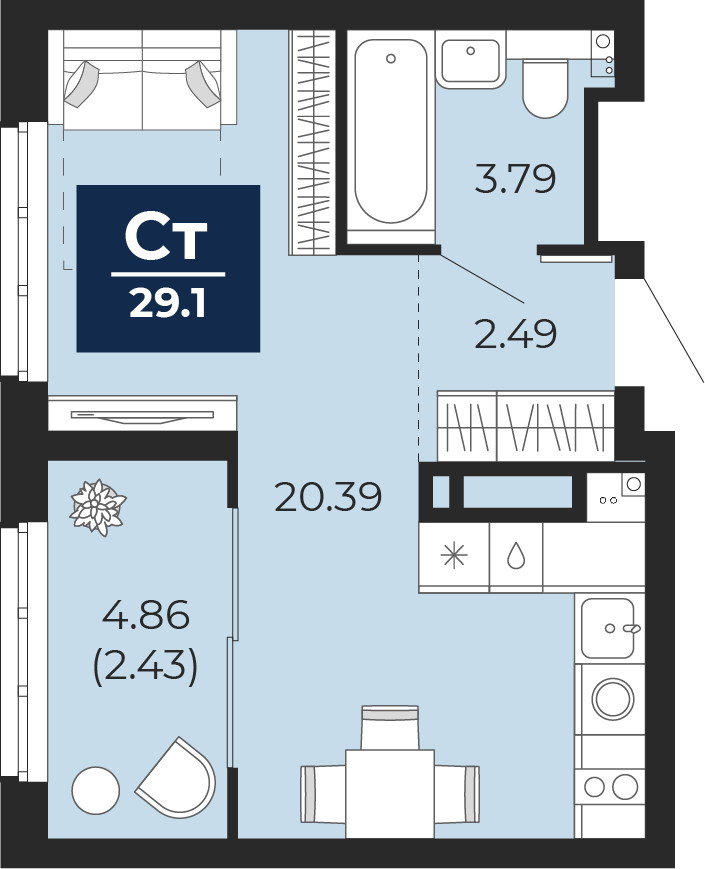 Квартира № 214, Студия, 29.1 кв. м, 22 этаж