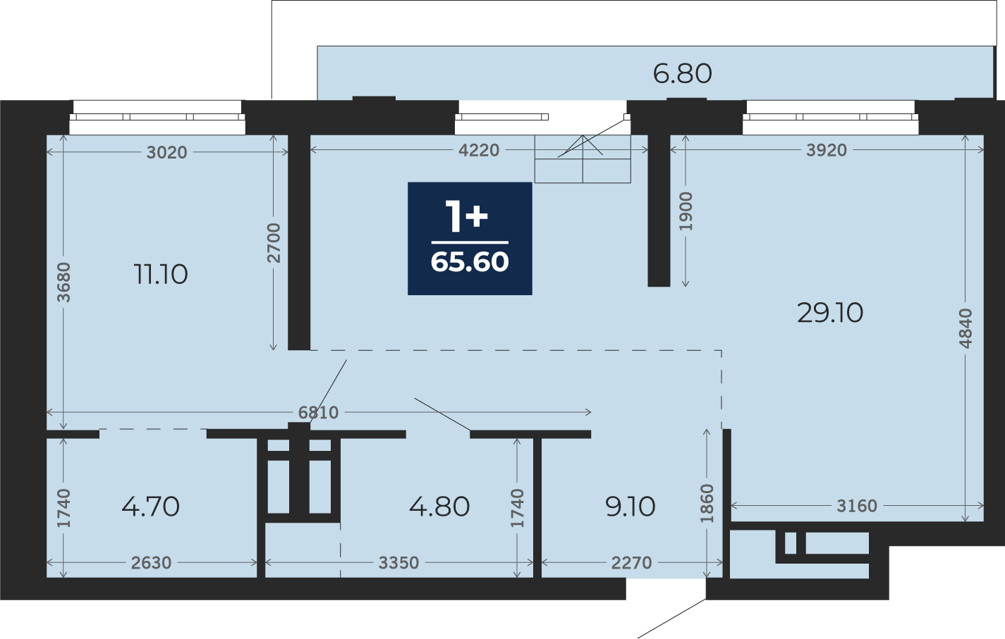 Квартира № 347, 1-комнатная, 65.6 кв. м, 17 этаж
