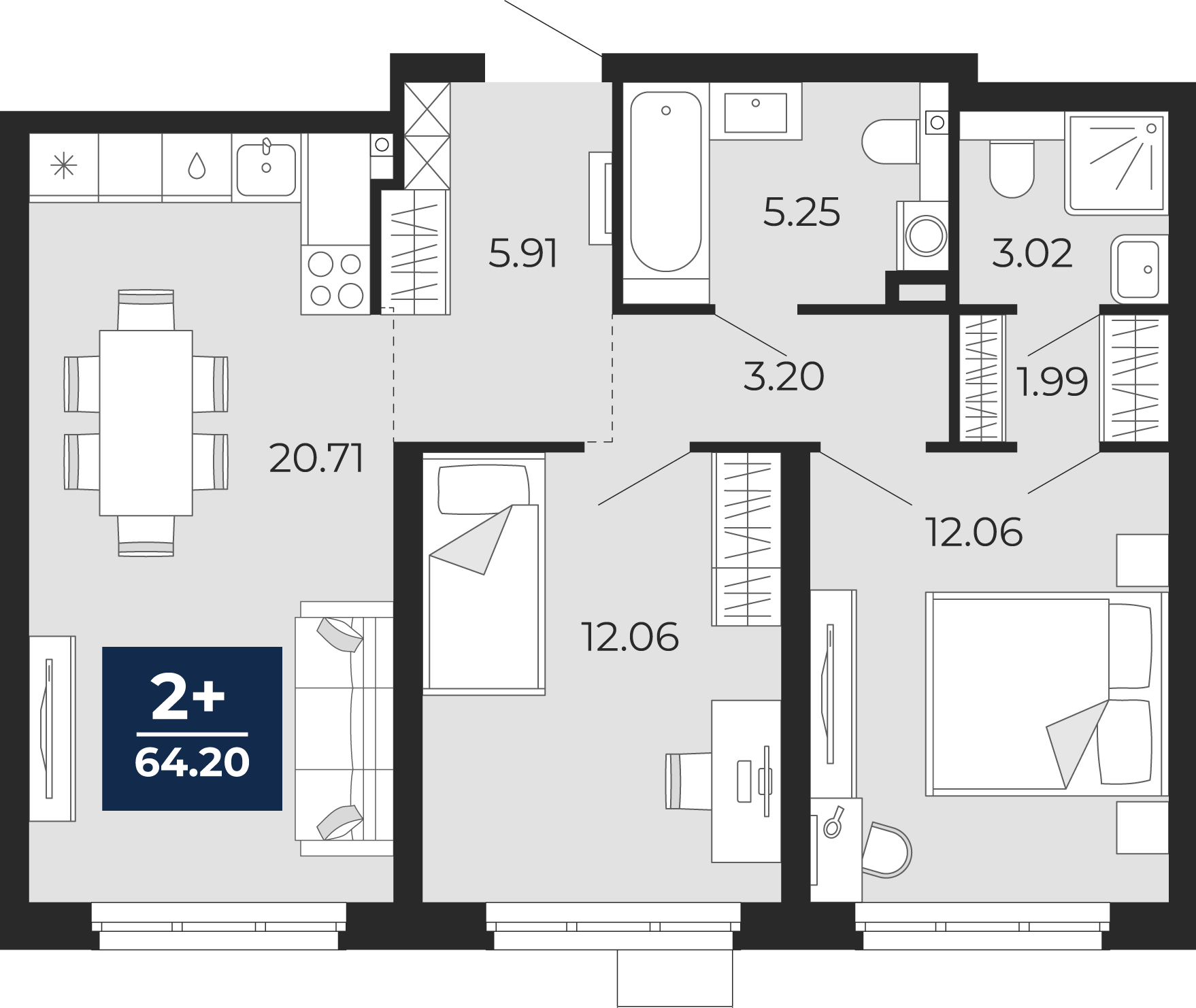 Квартира № 91, 2-комнатная, 64.2 кв. м, 1 этаж