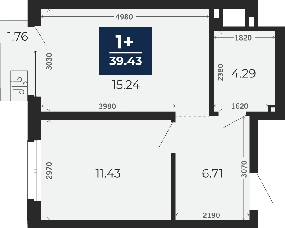 Квартира № 184, 1-комнатная, 38.2 кв. м, 5 этаж