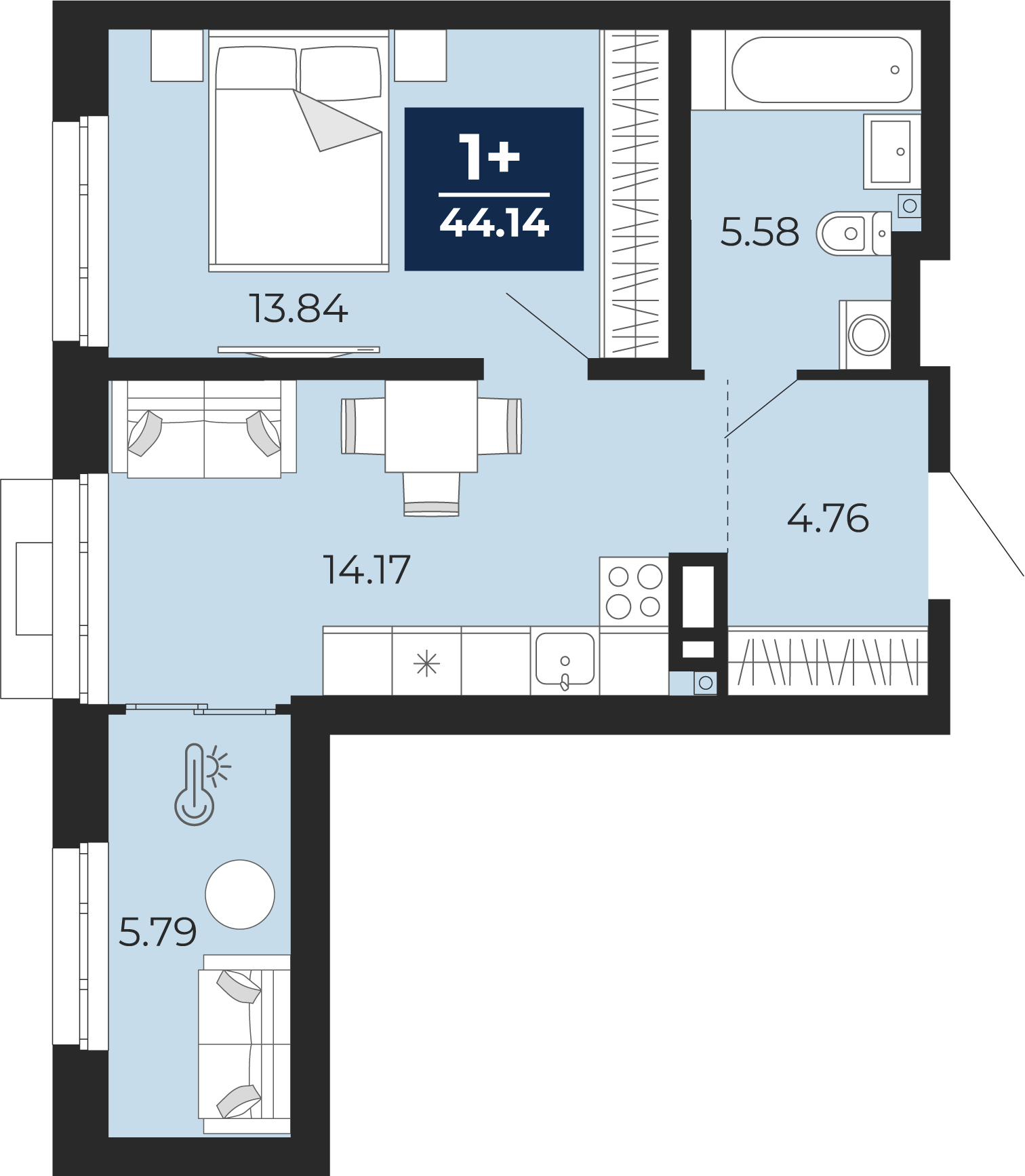 Квартира № 7, 1-комнатная, 44.14 кв. м, 2 этаж
