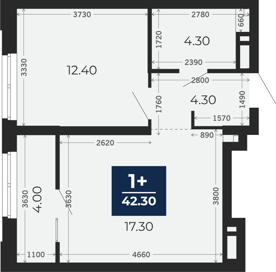 Квартира № 121, 1-комнатная, 42.3 кв. м, 16 этаж