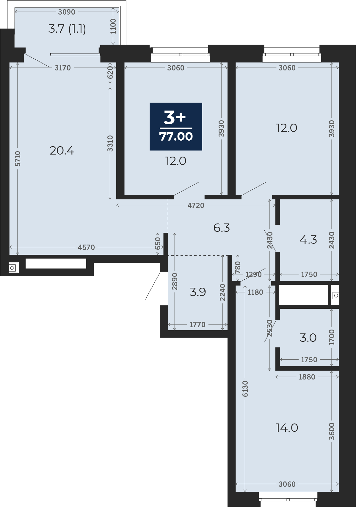 Квартира № 271, 3-комнатная, 79.6 кв. м, 14 этаж
