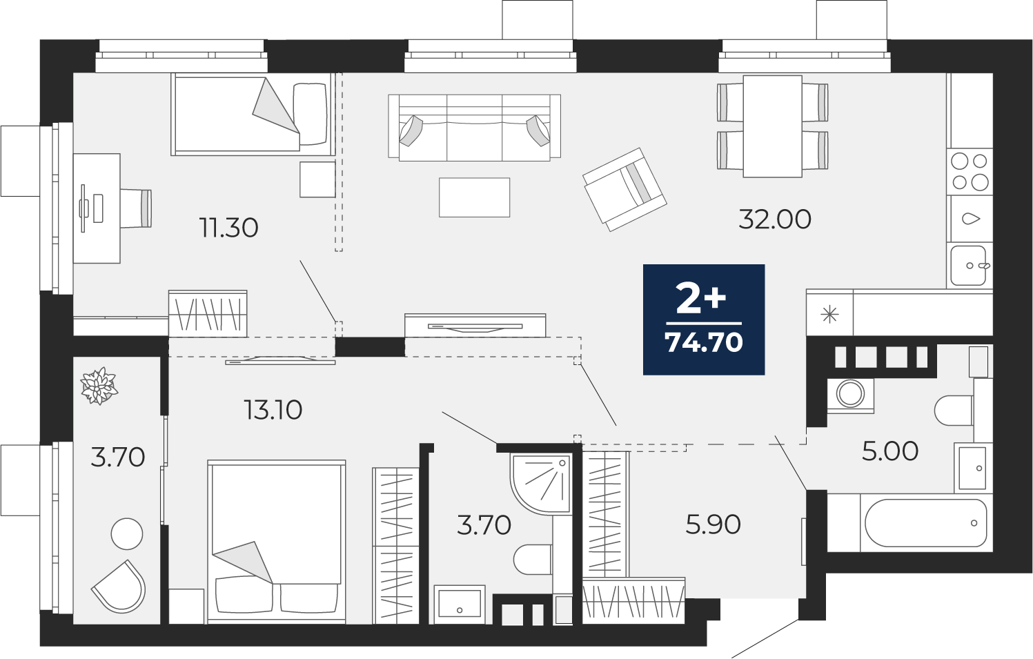 Квартира № 446, 2-комнатная, 74.7 кв. м, 3 этаж