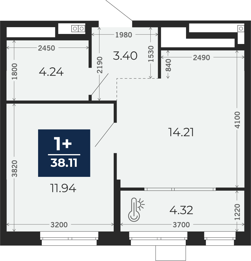 Квартира № 298, 1-комнатная, 38.11 кв. м, 15 этаж