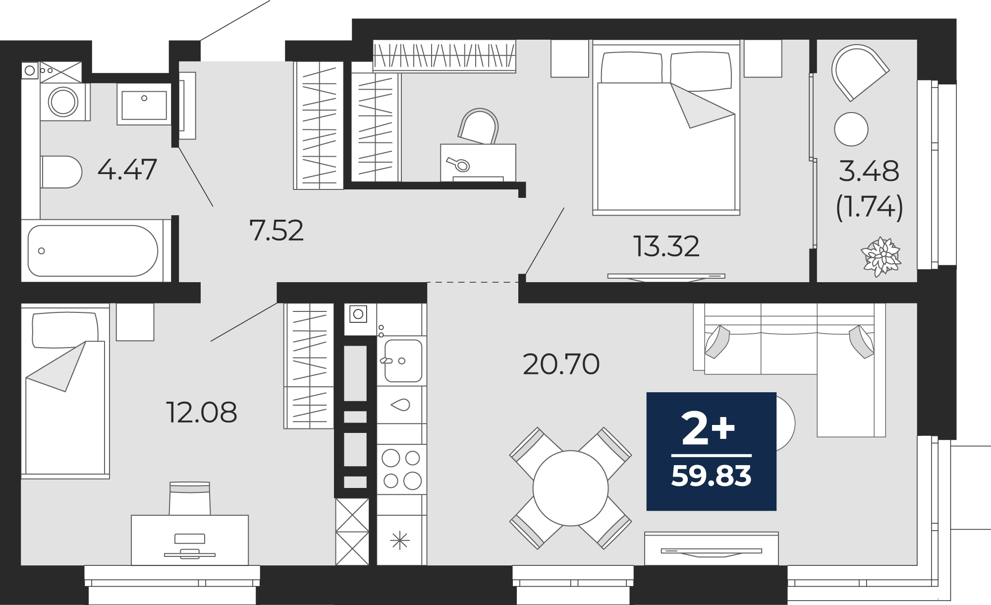 Квартира № 330, 2-комнатная, 59.83 кв. м, 2 этаж