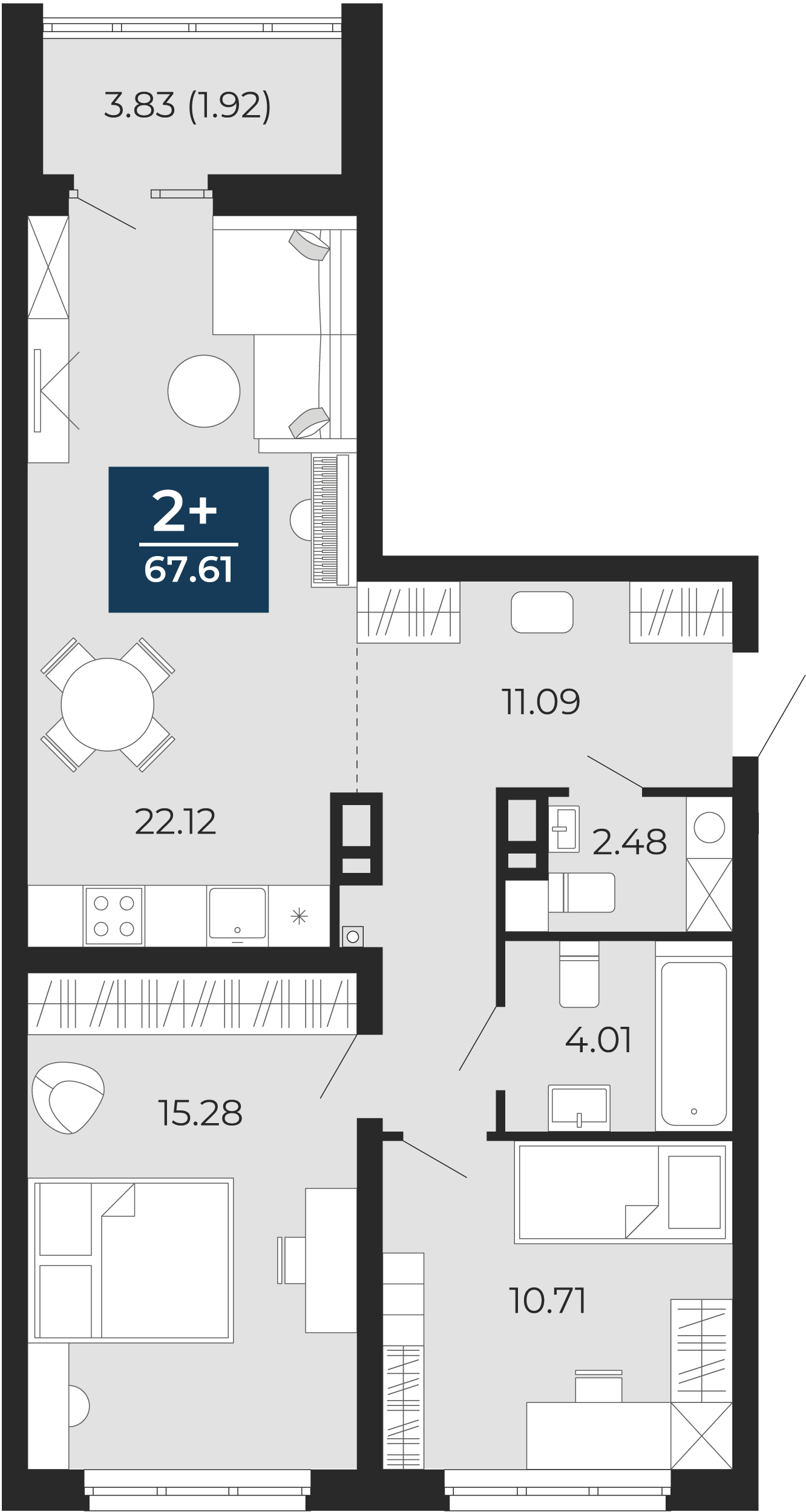 Квартира № 310, 2-комнатная, 67.61 кв. м, 4 этаж
