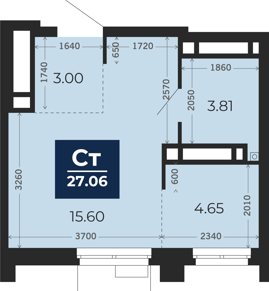 Квартира № 225, Студия, 27.06 кв. м, 24 этаж
